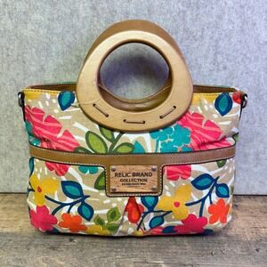 Relic Brand Floral Canvas Hand Bag Boho Unique Purse Wood Handle Shoulder Strap